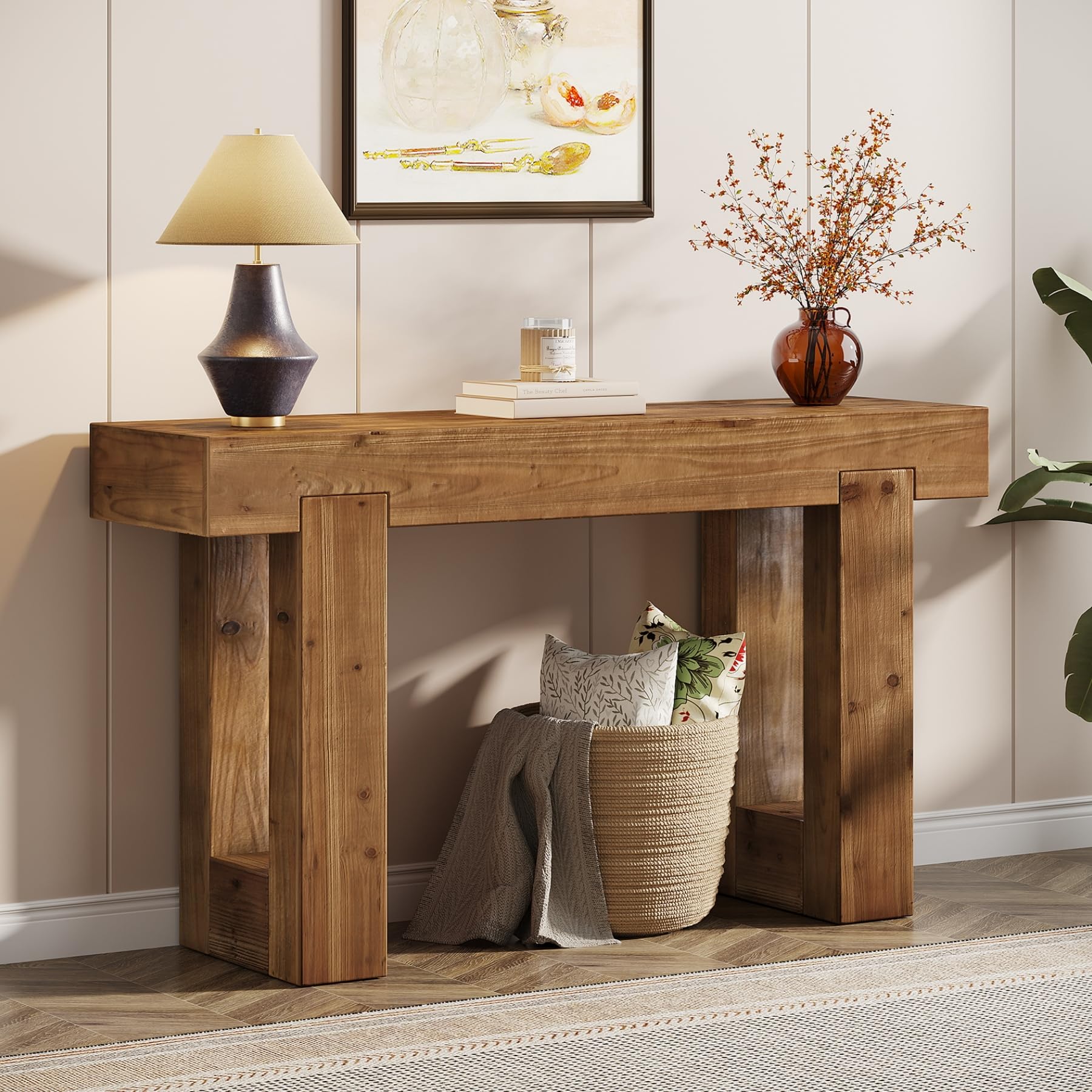63" Farmhouse Console Table, Natural Wood