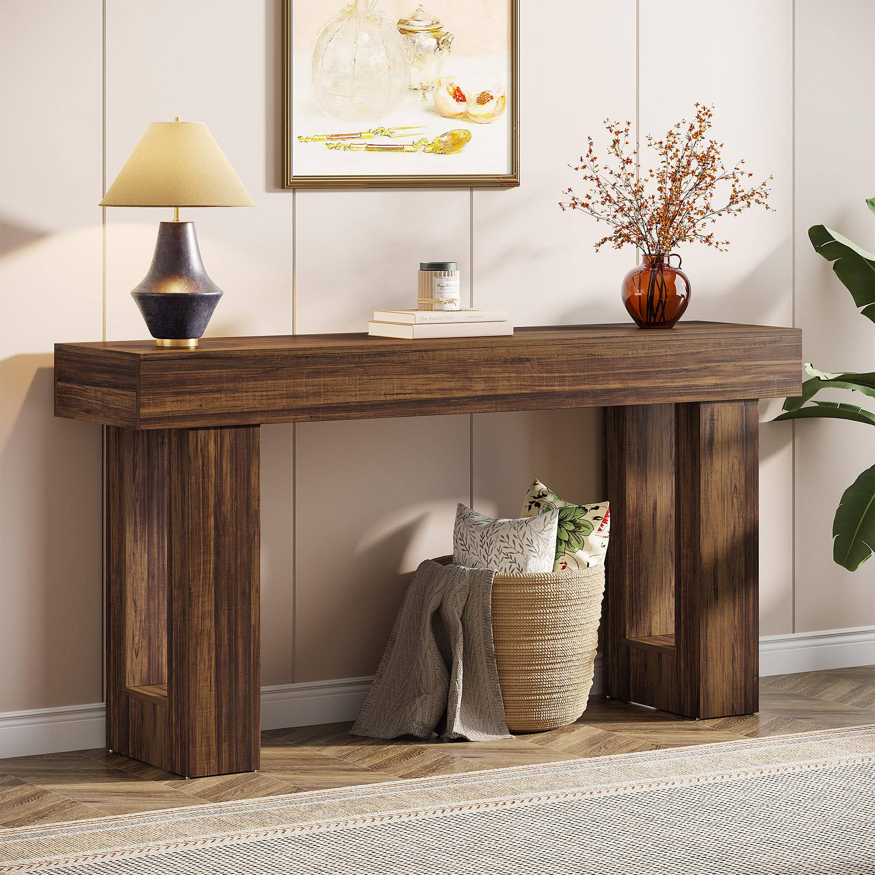 63" Farmhouse Console Table, Natural Wood