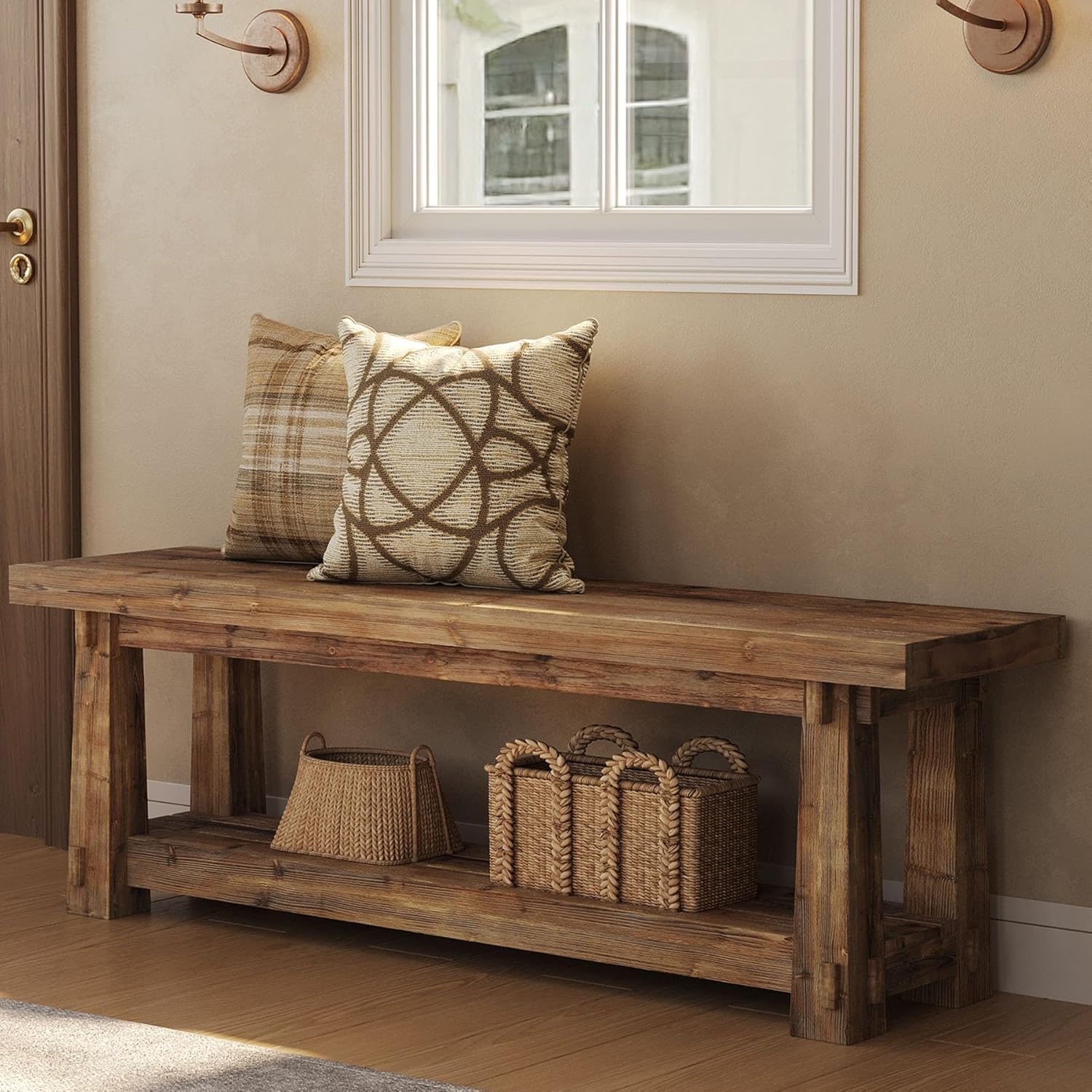 55" Solid Wood Entryway Bench with Shoe Storage, Rustic