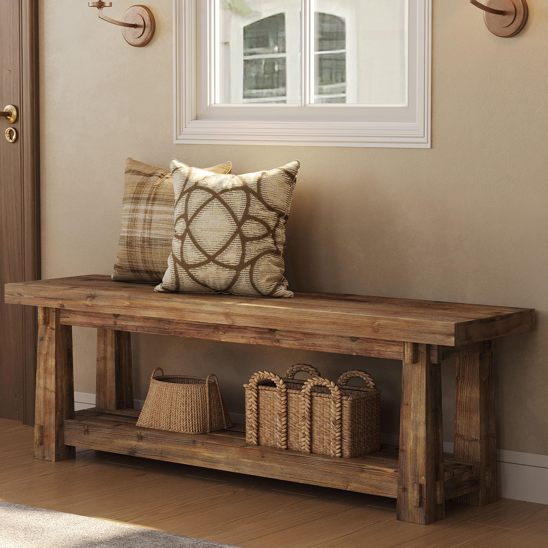 55" Solid Wood Entryway Bench with Shoe Storage, Rustic
