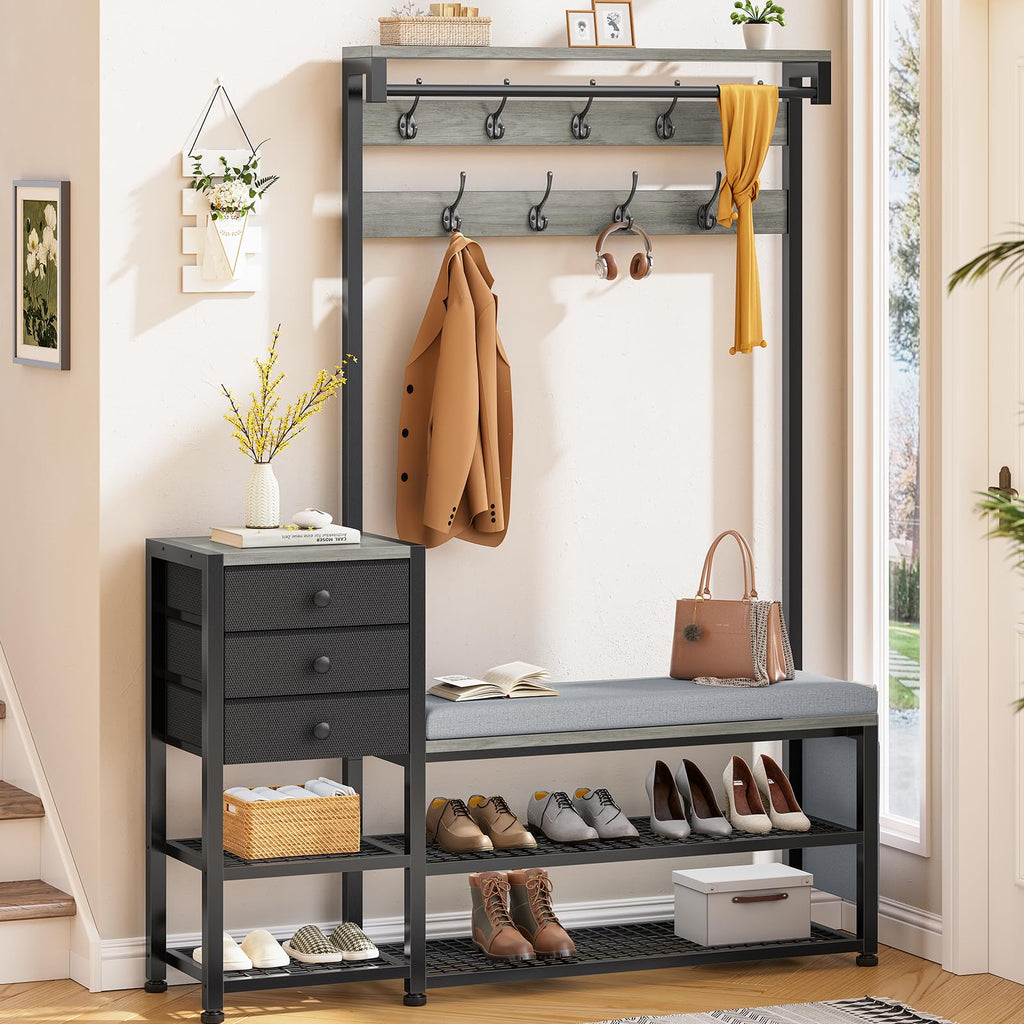 Itaar Coat Rack, Hall Tree with Bench and Shoe Storage, 7-in-1 Entryway Bench with Soft Cushion, Storage Bag, 3 Fabric Drawers(Rustic Brown)