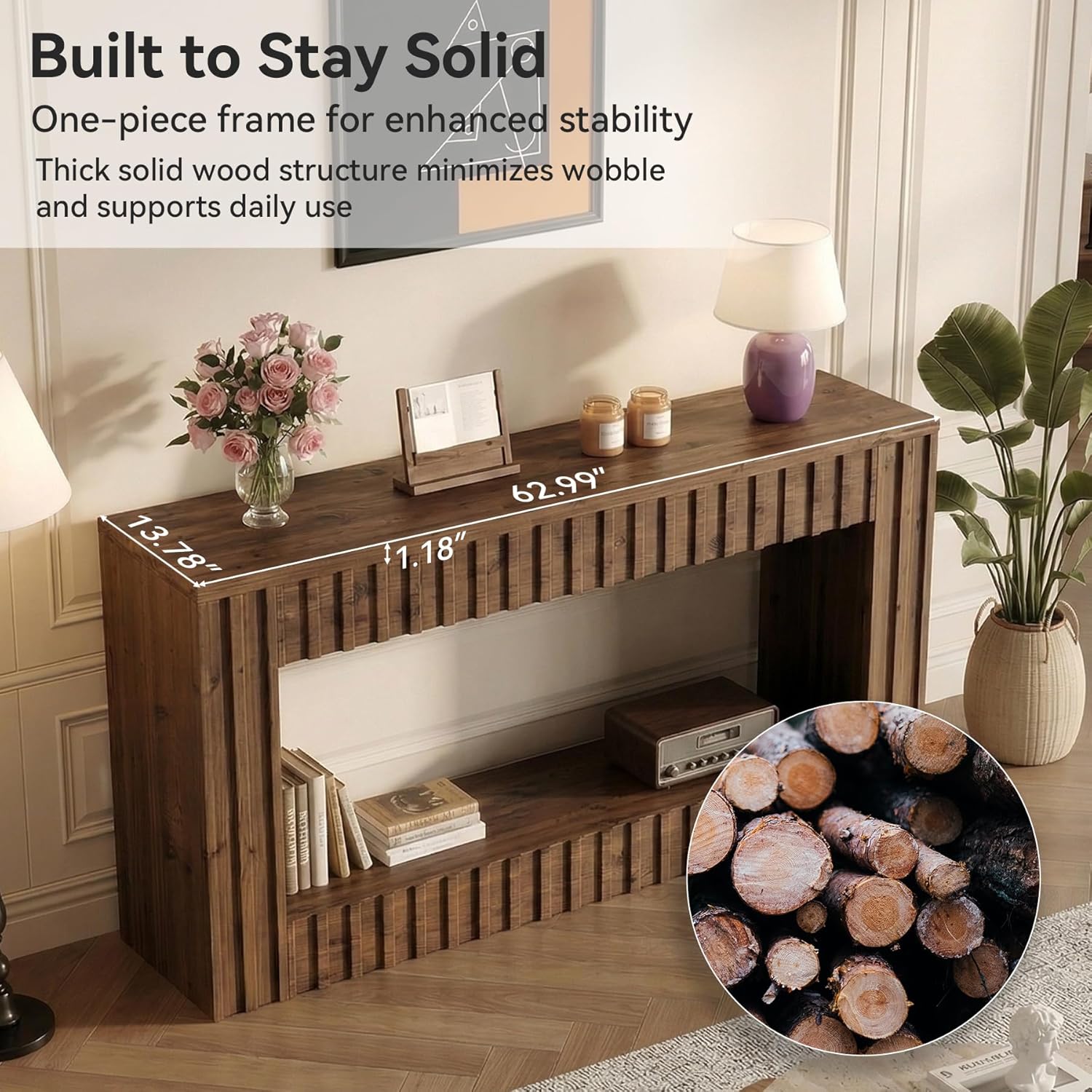 TRIBEWOOD 63 Inches Solid Wood Console Table, Farmhouse Entryway Table with Storage, Couch Table Behind Sofa, Long Wood Hallway Console for Living Room, Entrance, Stairs, Walnut Brown