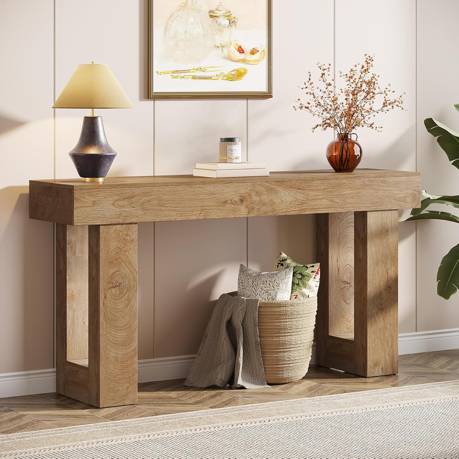 63" Farmhouse Console Table, Natural Wood