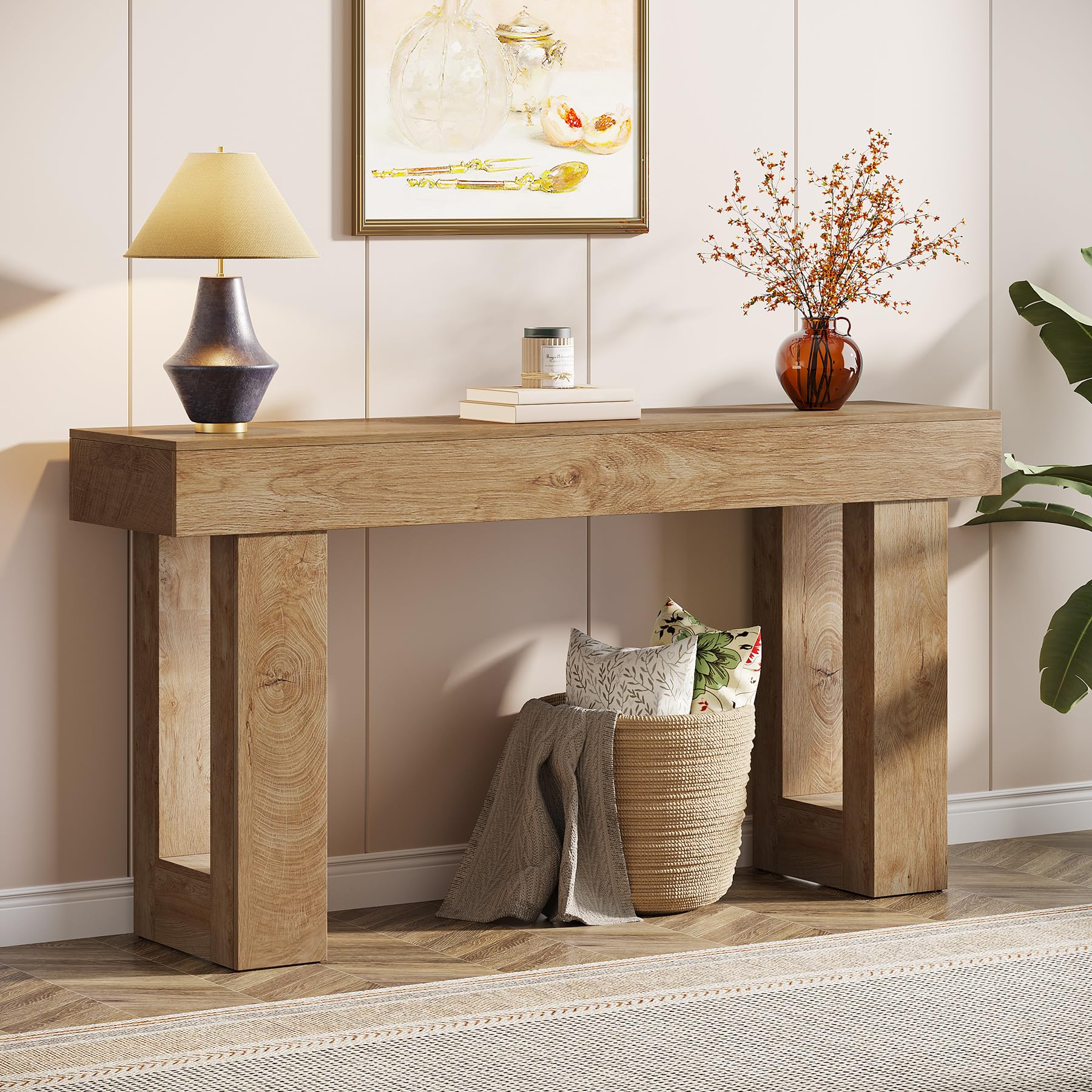 63" Farmhouse Console Table, Natural Wood