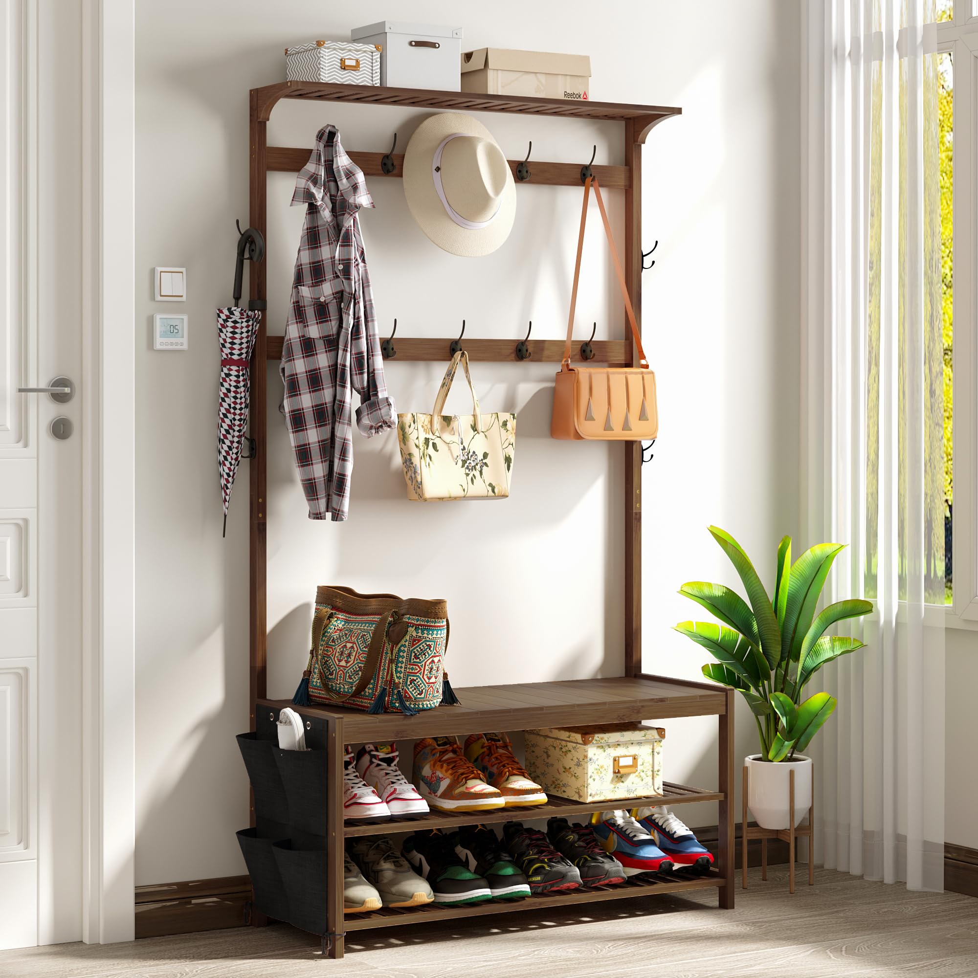 AMBIRD 6-in-1 Bamboo Hall Tree with Shoe Storage, Entryway Organizer Shoe Bench with 16 Coat Hooks and Cloth Bag, Sturdy Bamboo Storage Bench, 46 * 15 * 70 inches Brown