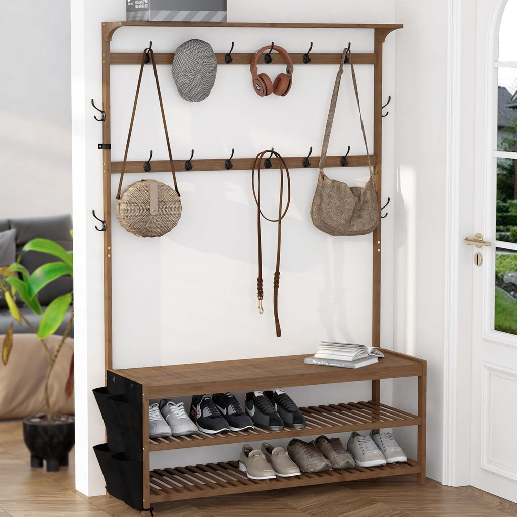 AMBIRD 6-in-1 Bamboo Hall Tree with Shoe Storage, Entryway Organizer Shoe Bench with 16 Coat Hooks and Cloth Bag, Sturdy Bamboo Storage Bench, 46 * 15 * 70 inches Brown
