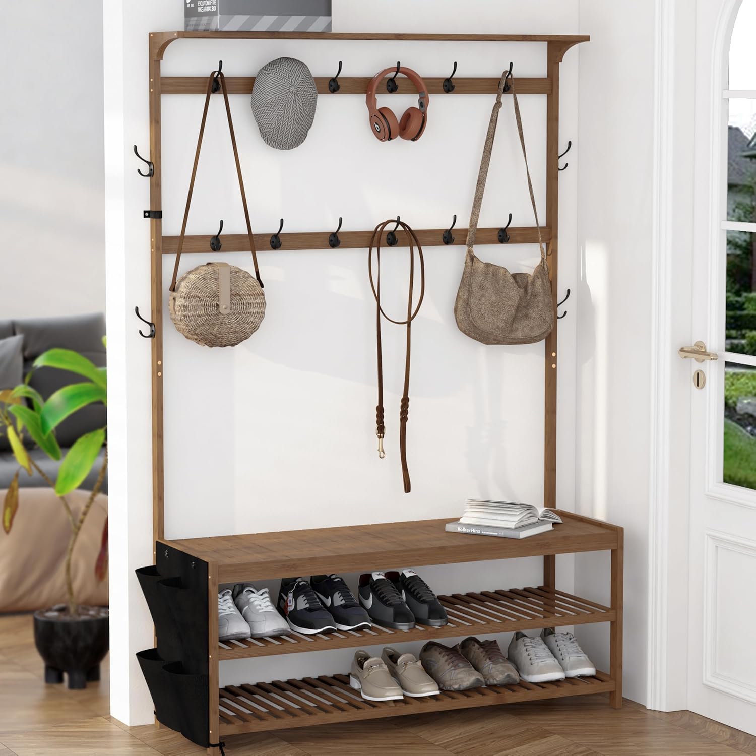 AMBIRD 6-in-1 Bamboo Hall Tree with Shoe Storage, Entryway Organizer Shoe Bench with 16 Coat Hooks and Cloth Bag, Sturdy Bamboo Storage Bench, 46 * 15 * 70 inches Brown