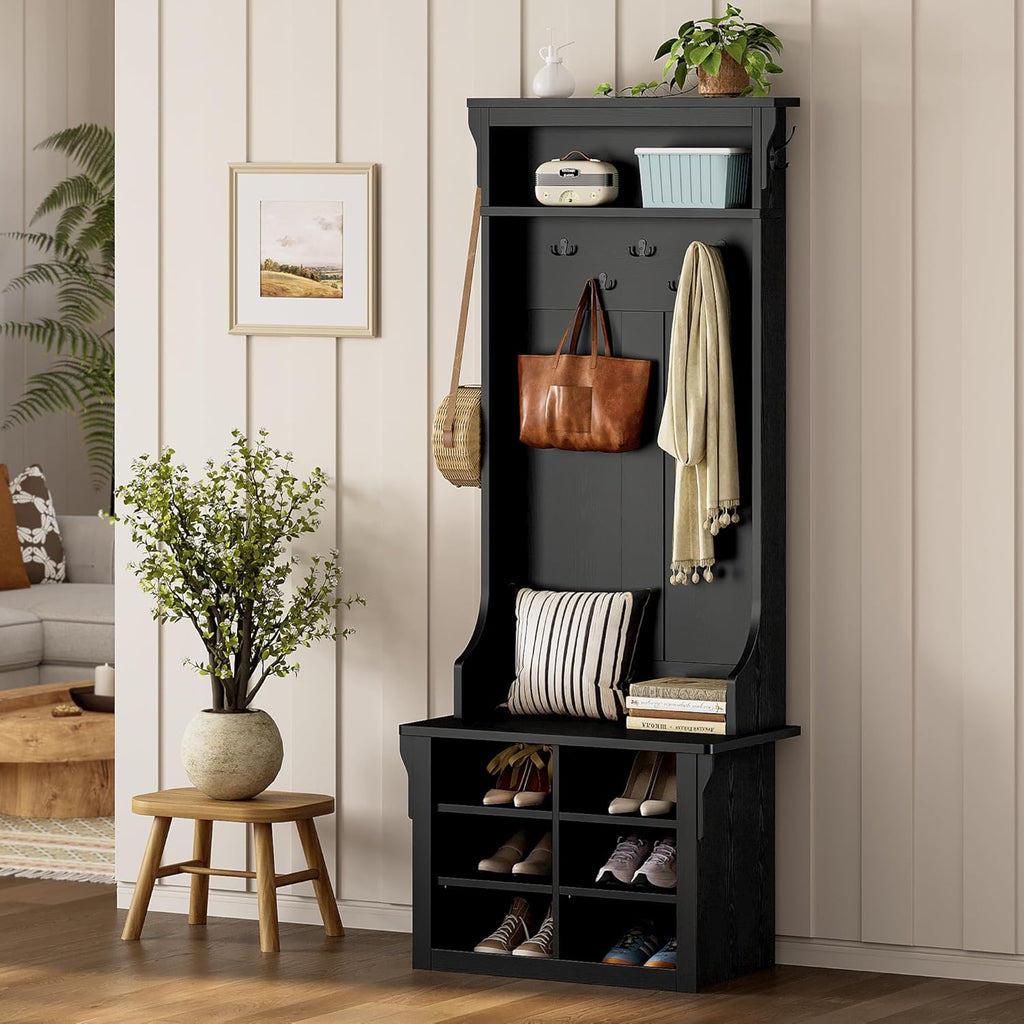 IRONCK Hall Tree with Bench and Shoe Storage, 6-in-1 Entryway Bench with Coat Rack, Adjustable Shelf, Hanging Hooks, 6 Shoe Cubbies, 2-Tier Top Storage, for Entryway, Bedroom, Living Room, Black