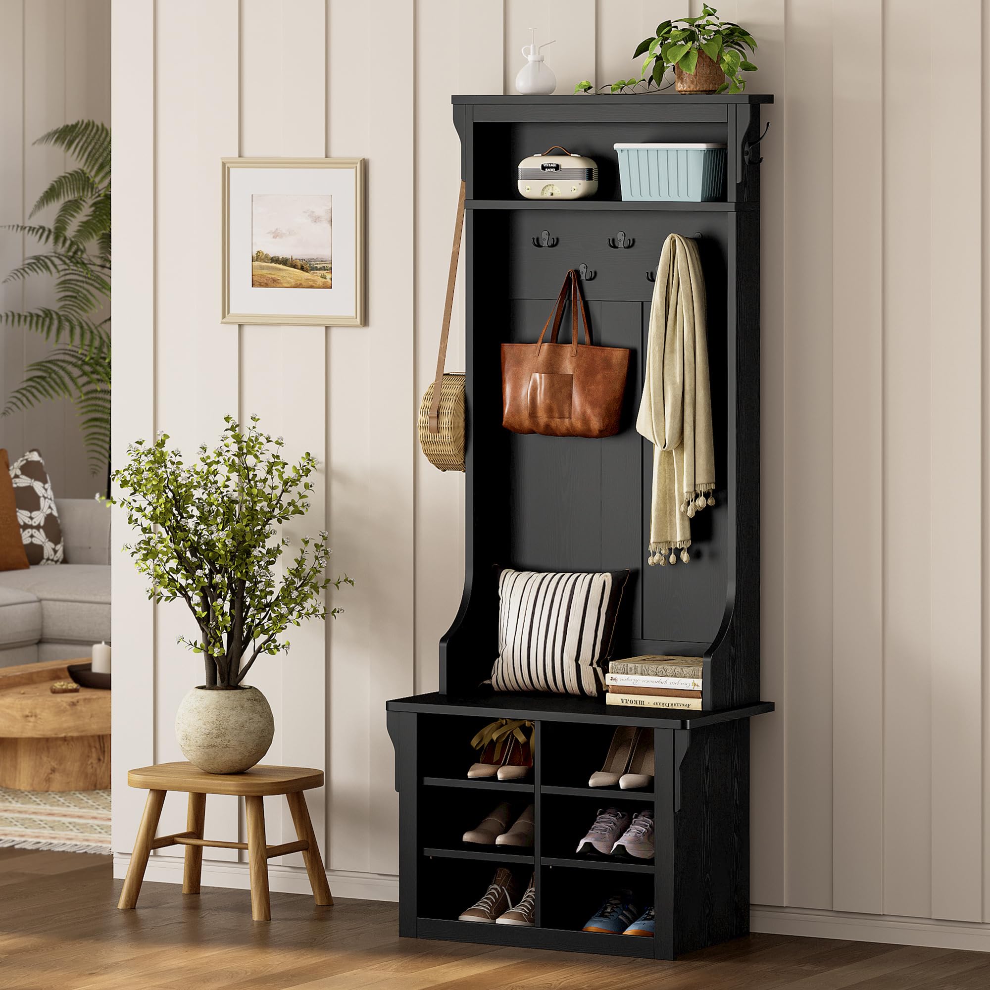 IRONCK Hall Tree with Bench and Shoe Storage, 6-in-1 Entryway Bench with Coat Rack, Adjustable Shelf, Hanging Hooks, 6 Shoe Cubbies, 2-Tier Top Storage, for Entryway, Bedroom, Living Room, Black