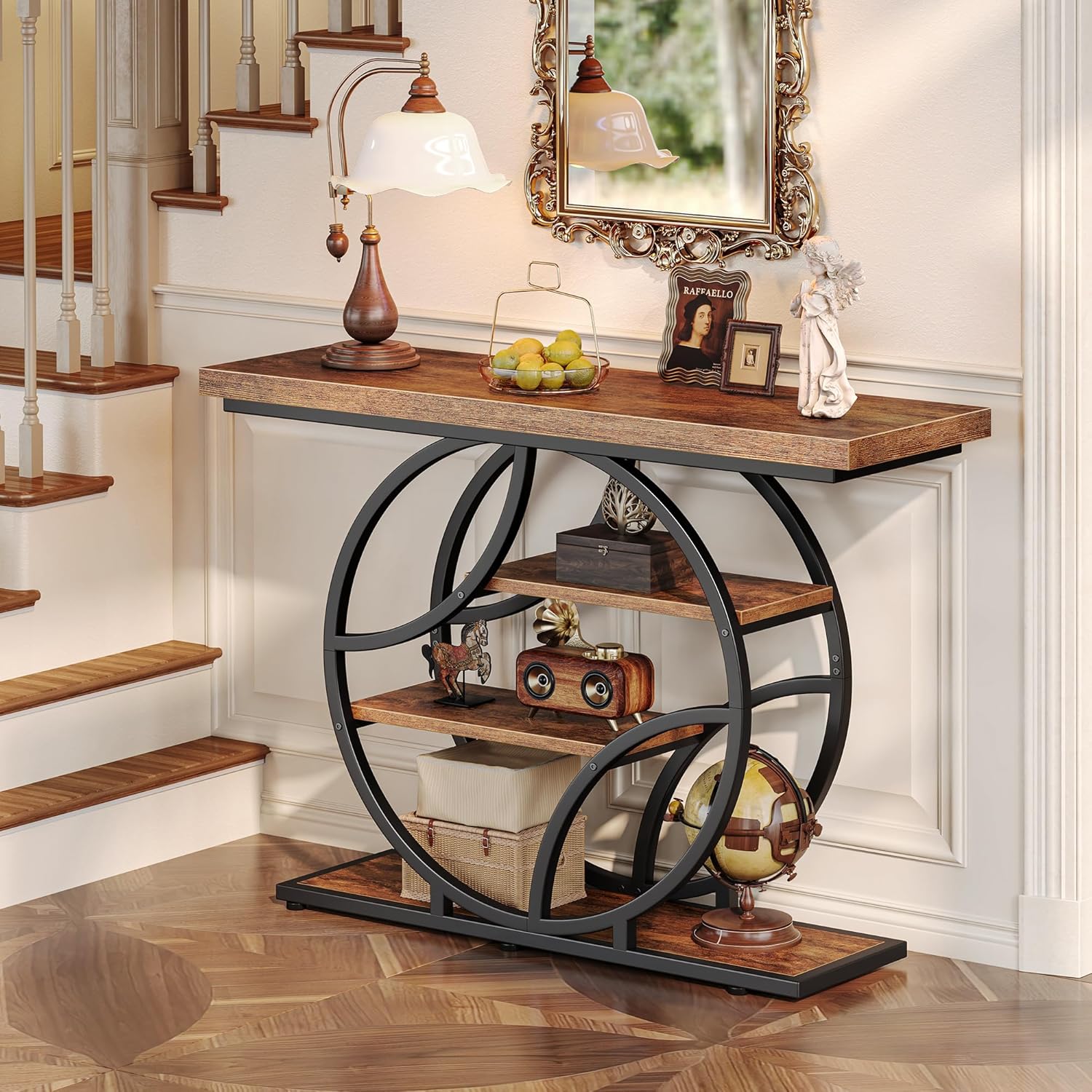 41.3" Curved Metal Console Table, Rustic Brown