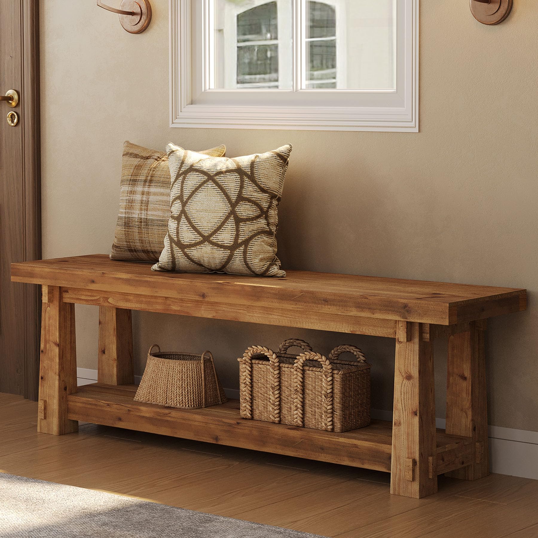 55" Solid Wood Entryway Bench with Shoe Storage, Rustic