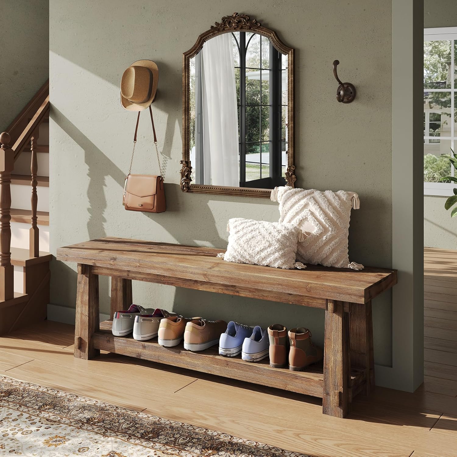 55" Solid Wood Entryway Bench with Shoe Storage, Rustic