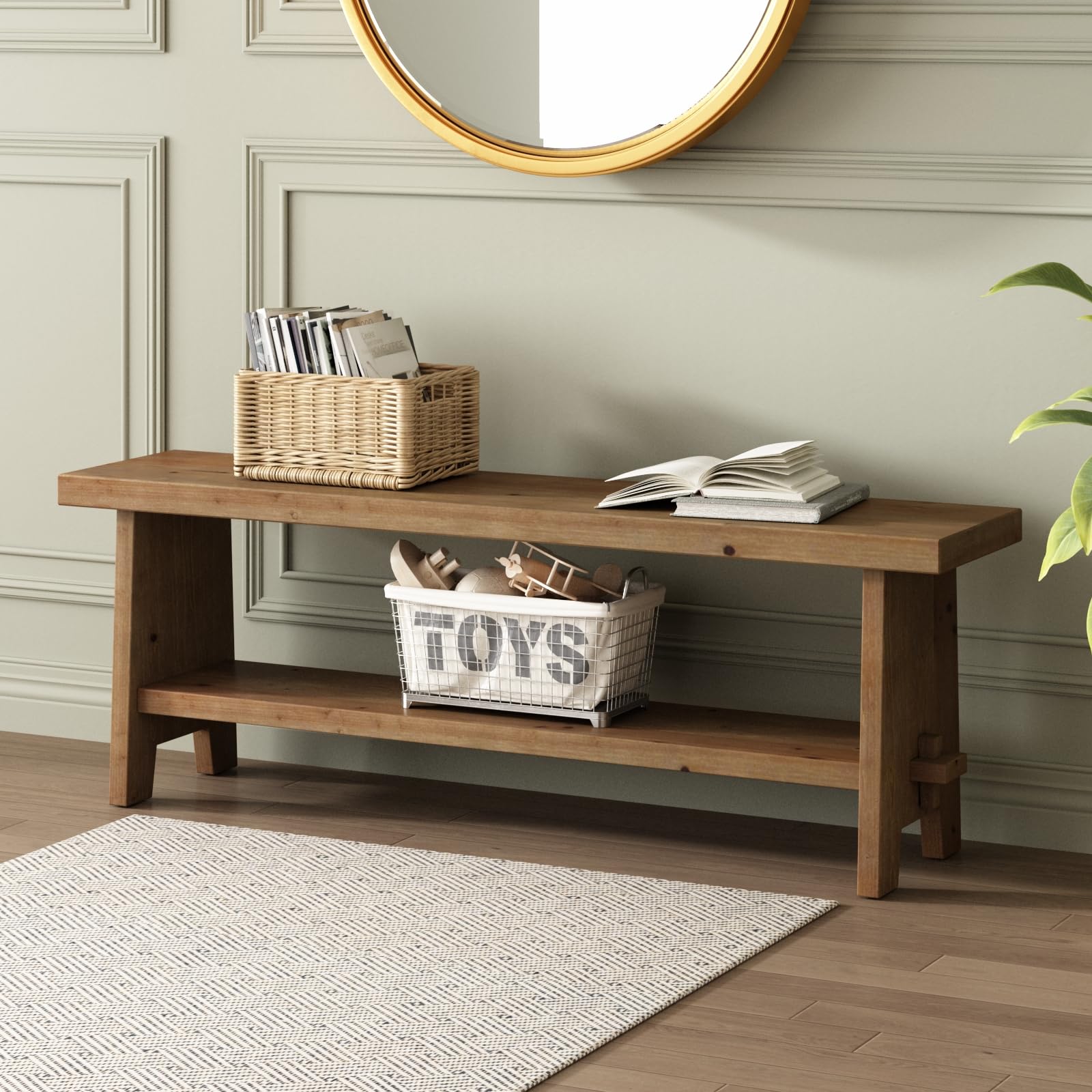 HOKYHOKY Solid Wood Entryway Bench - 31.5" Farmhouse Small Storage Bench, Rustic Narrow Bench Seat for Indoor, Entryway, Dining Room, Living Room and Hallway, Brown