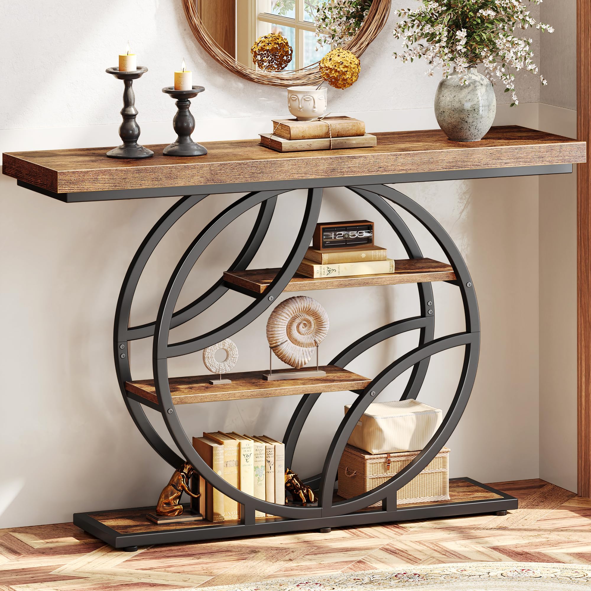 41.3" Curved Metal Console Table, Rustic Brown