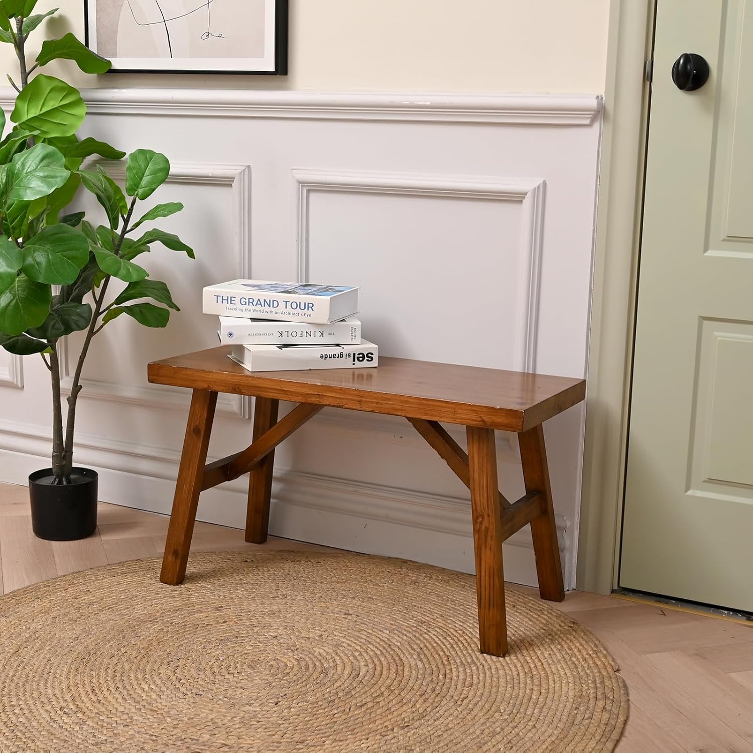 Handcrafted Solid Wood Bench, 30" - Farmhouse-Style Entryway Seating for Living & Dining Room, Rustic Design, Natural Finish