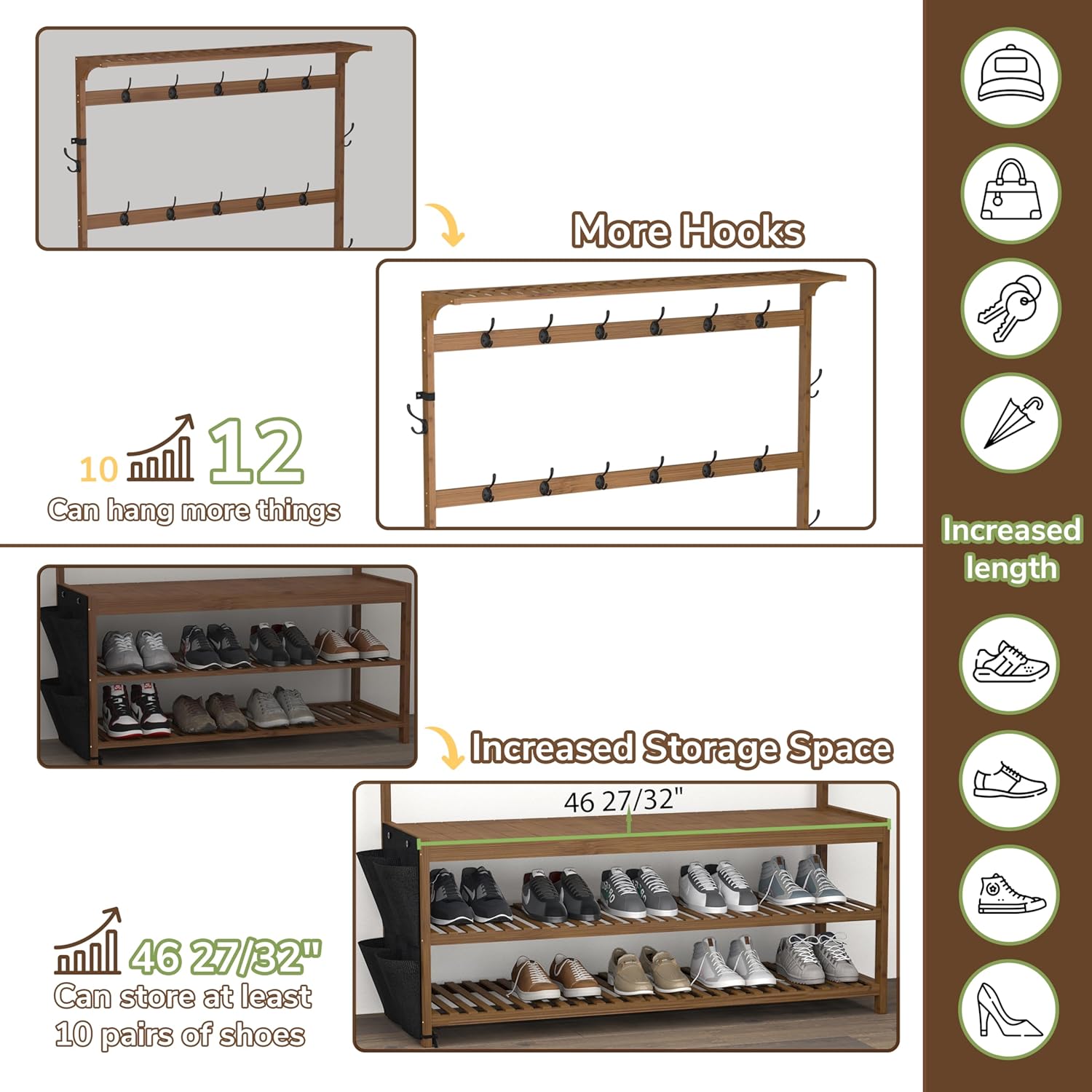 AMBIRD 6-in-1 Bamboo Hall Tree with Shoe Storage, Entryway Organizer Shoe Bench with 16 Coat Hooks and Cloth Bag, Sturdy Bamboo Storage Bench, 46 * 15 * 70 inches Brown