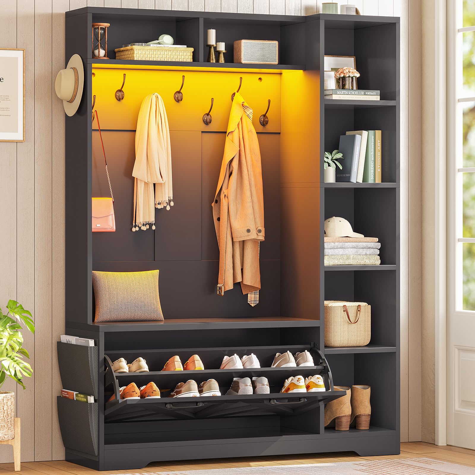 Itaar Hall Tree with Bench and Shoe Storage, Farmhouse Entryway Bench with Coat Rack, Shoe Cabinet with Flip Drawers, 7 Shelves, 10 Coat Hooks, Storage Bag, Led Lights, Black