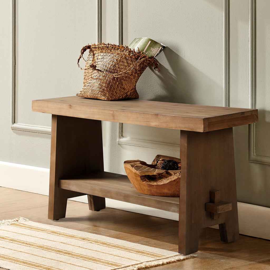 HOKYHOKY Solid Wood Entryway Bench - 31.5" Farmhouse Small Storage Bench, Rustic Narrow Bench Seat for Indoor, Entryway, Dining Room, Living Room and Hallway, Brown