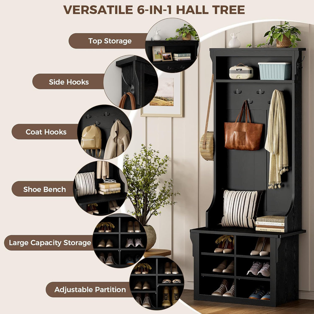 IRONCK Hall Tree with Bench and Shoe Storage, 6-in-1 Entryway Bench with Coat Rack, Adjustable Shelf, Hanging Hooks, 6 Shoe Cubbies, 2-Tier Top Storage, for Entryway, Bedroom, Living Room, Black