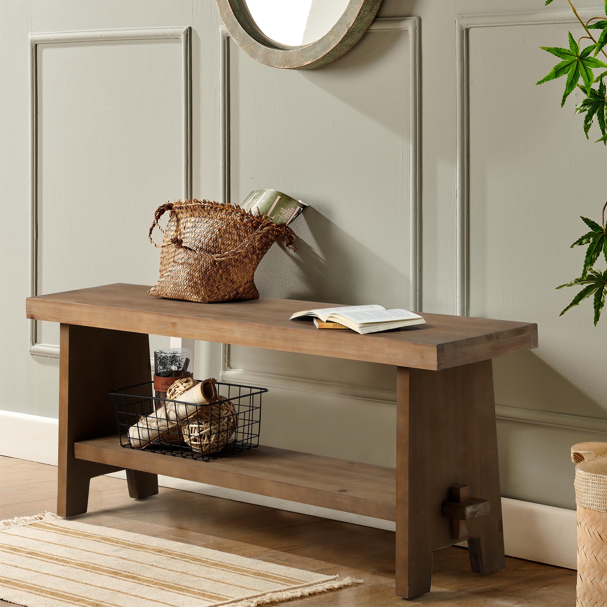 HOKYHOKY Solid Wood Entryway Bench - 31.5" Farmhouse Small Storage Bench, Rustic Narrow Bench Seat for Indoor, Entryway, Dining Room, Living Room and Hallway, Brown