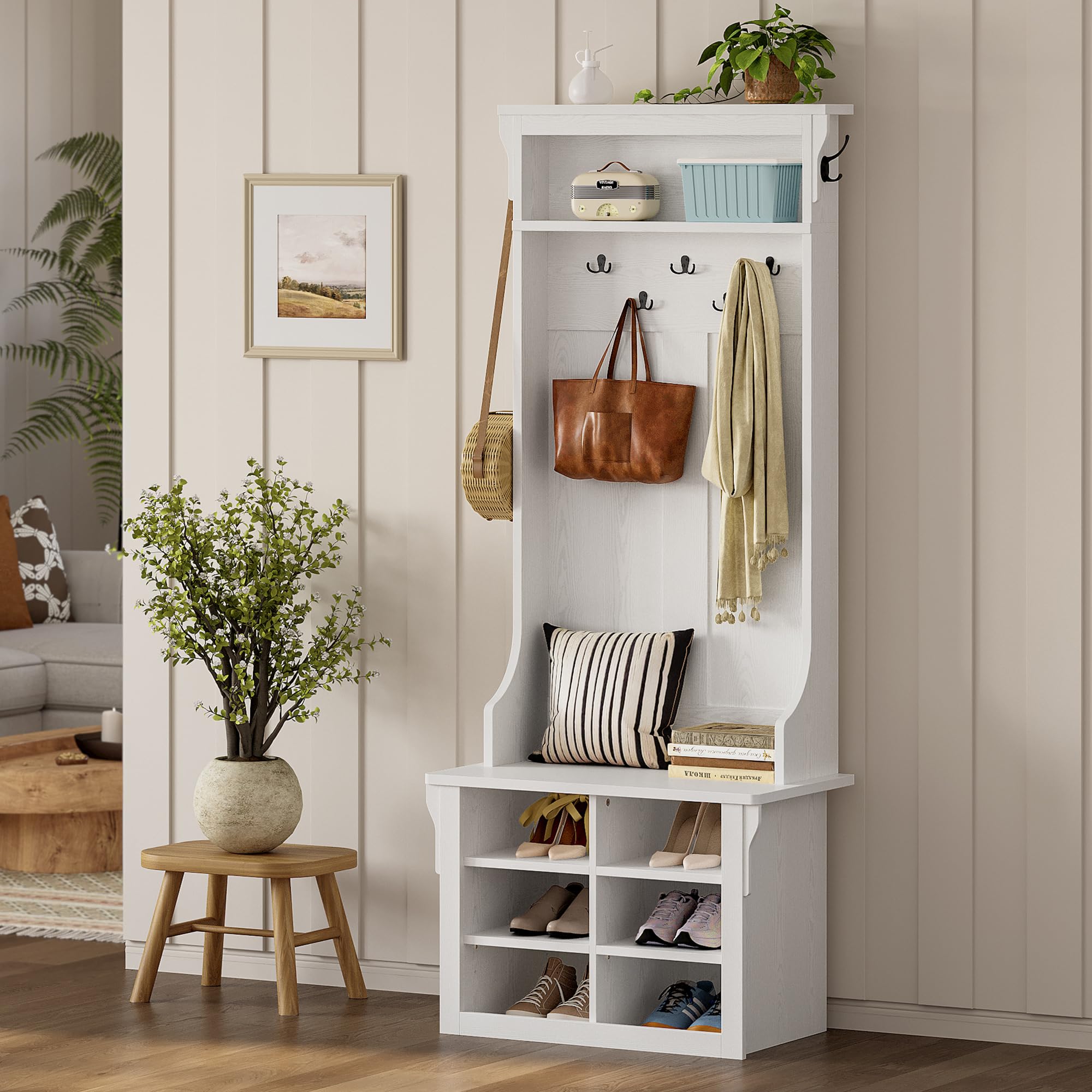 IRONCK Hall Tree with Bench and Shoe Storage, 6-in-1 Entryway Bench with Coat Rack, Adjustable Shelf, Hanging Hooks, 6 Shoe Cubbies, 2-Tier Top Storage, for Entryway, Bedroom, Living Room, Black