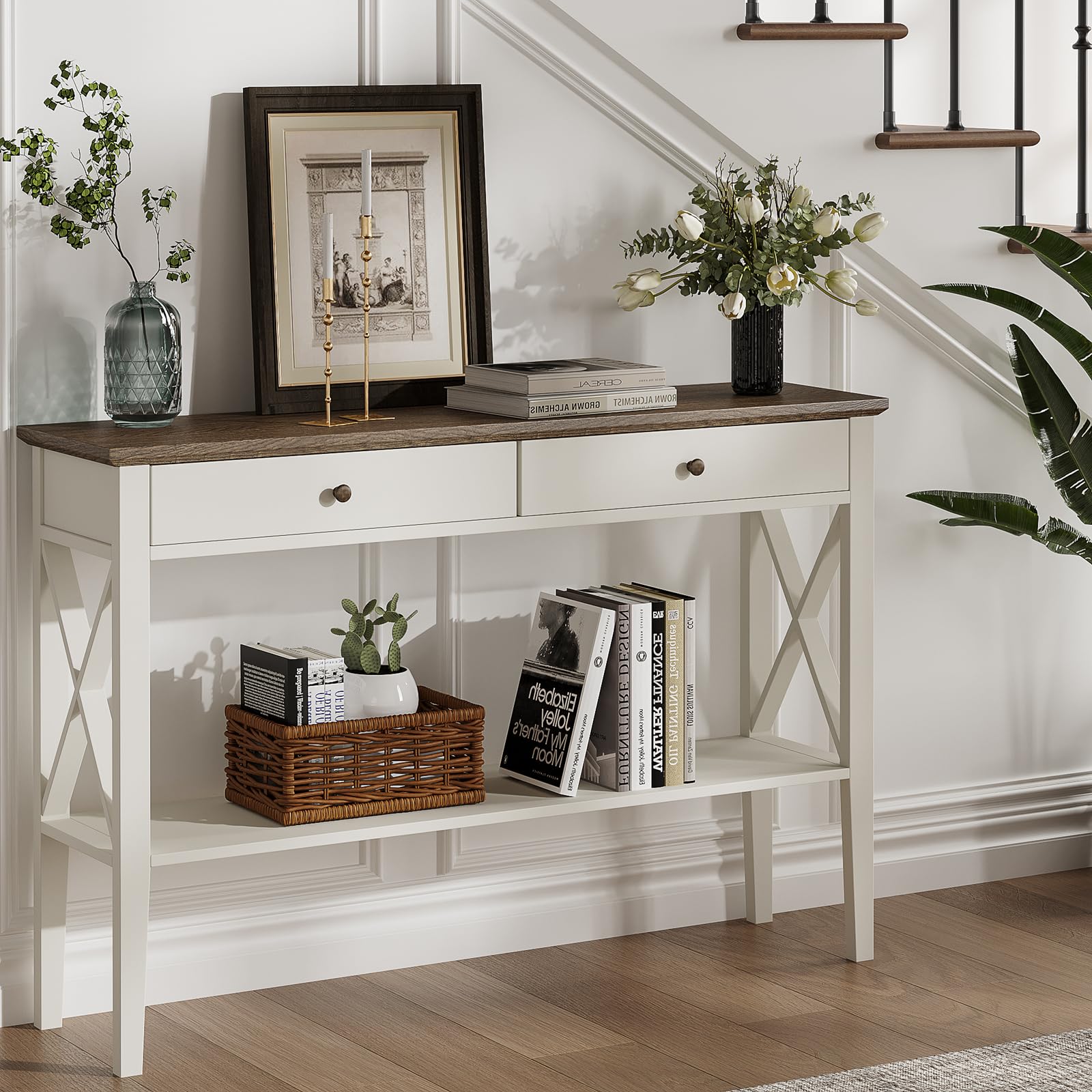 ChooChoo Console Table with Drawers, Narrow Wood Accent Sofa Table Entryway Table with Storage Shelf for Entryway, Front Hall, Hallway, Living Room, Black