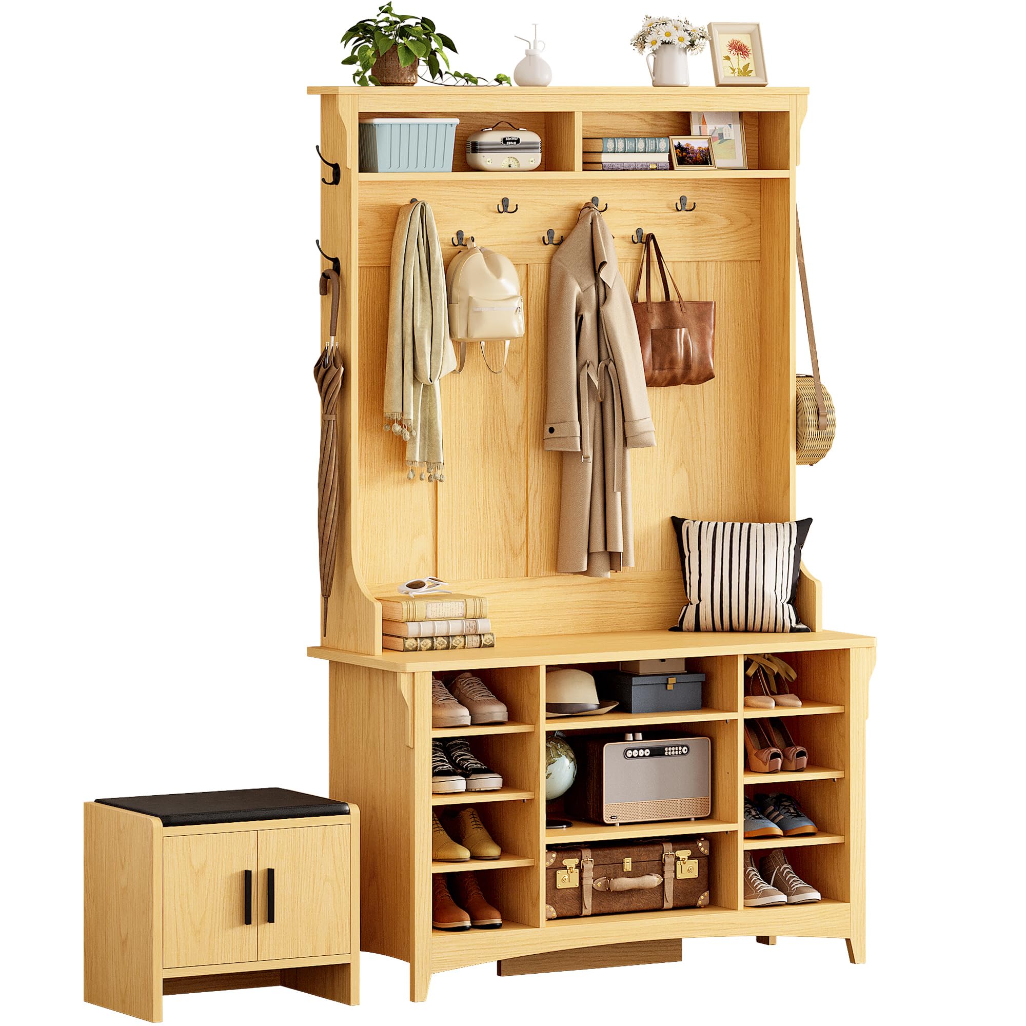 IRONCK Hall Tree with Bench and Shoe Storage, 6-in-1 Entryway Bench with Coat Rack, Adjustable Shelf, Hanging Hooks, 6 Shoe Cubbies, 2-Tier Top Storage, for Entryway, Bedroom, Living Room, Black