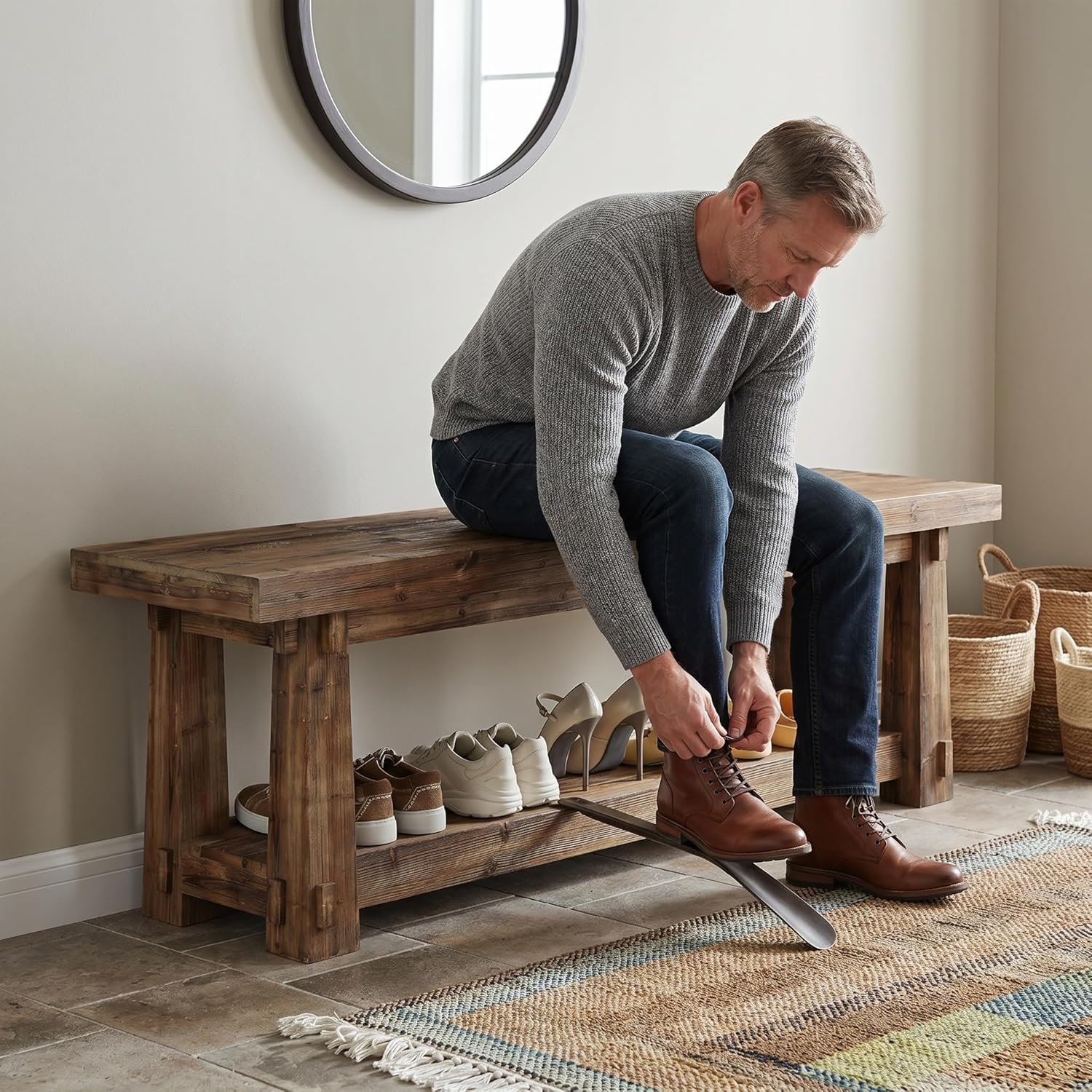 55" Solid Wood Entryway Bench with Shoe Storage, Rustic