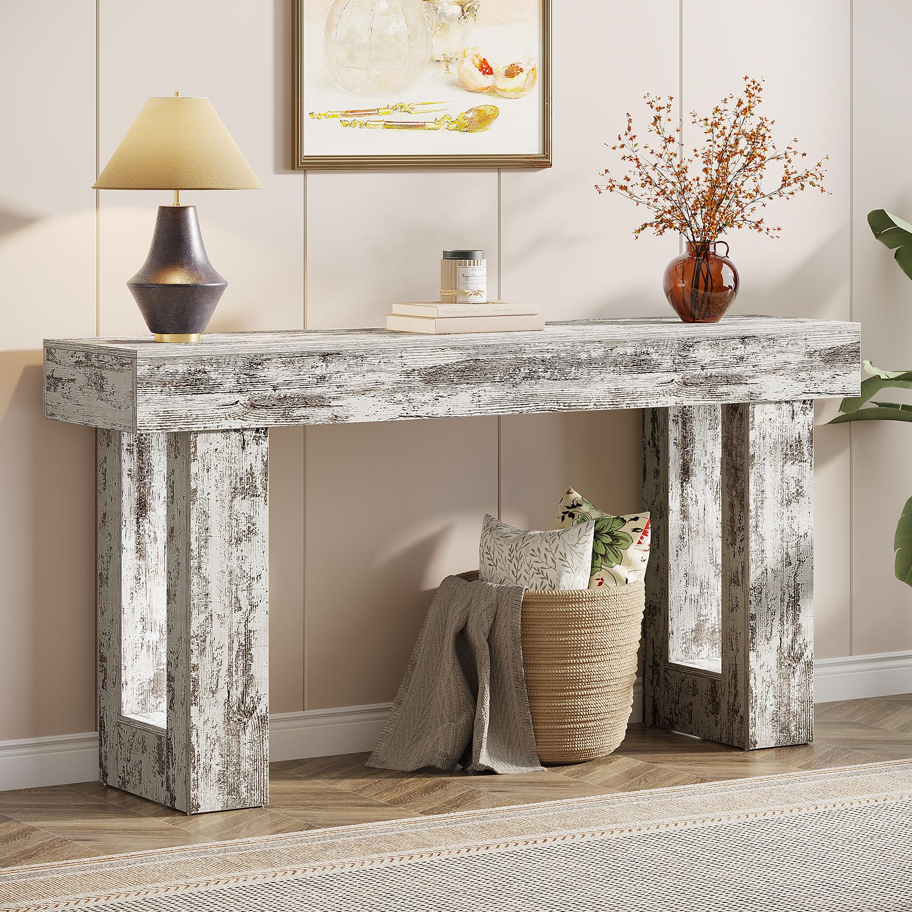 63" Farmhouse Console Table, Natural Wood