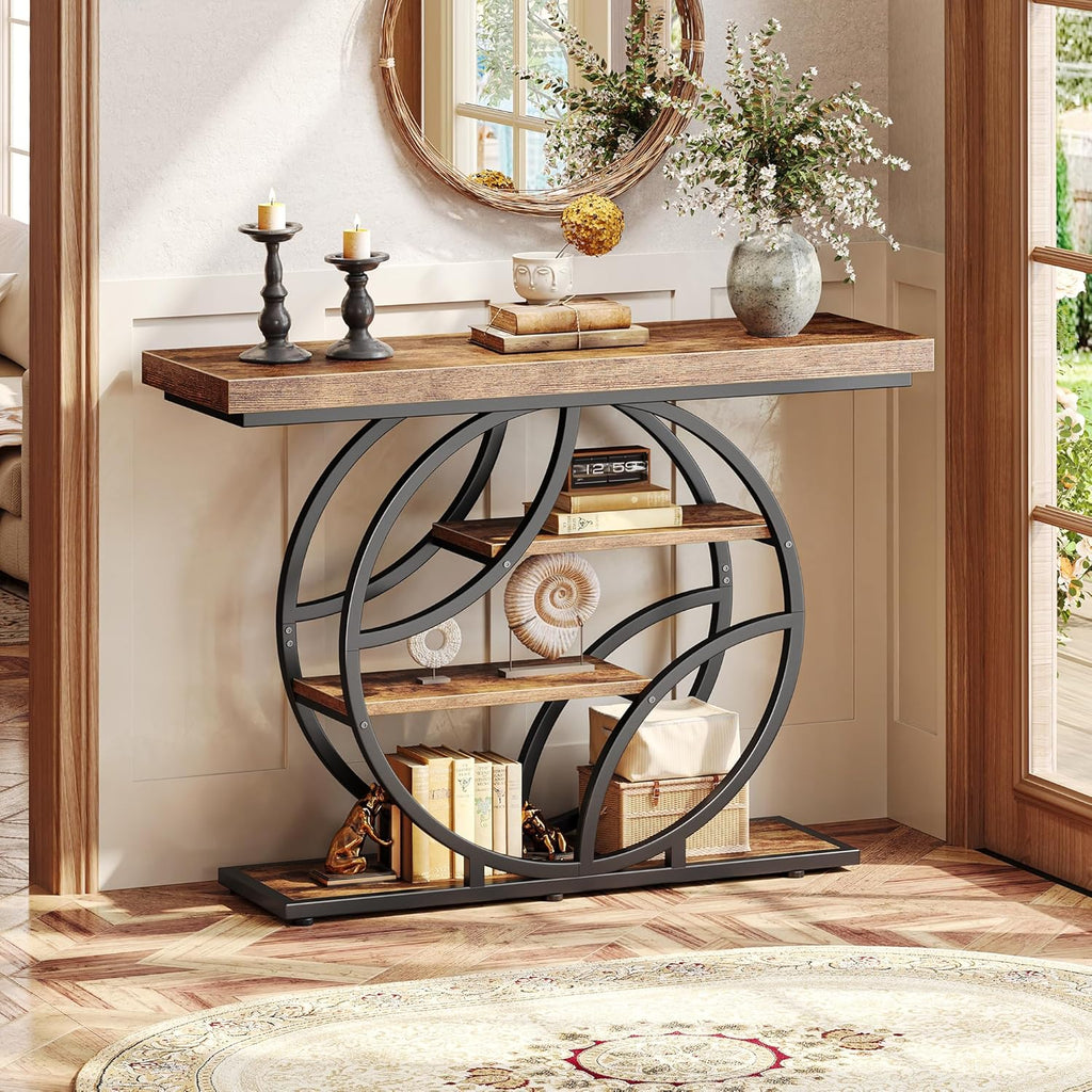 41.3" Curved Metal Console Table, Rustic Brown