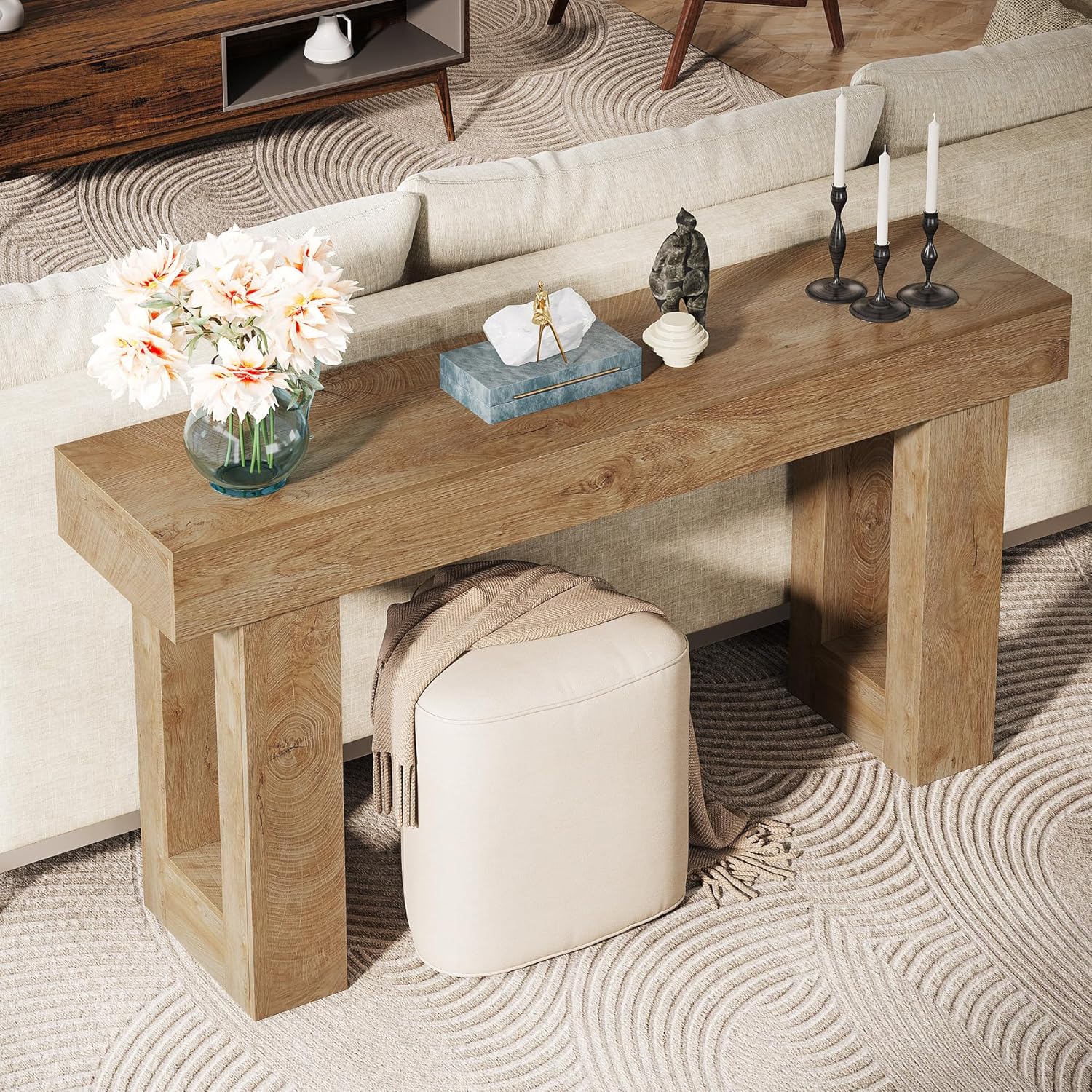 63" Farmhouse Console Table, Natural Wood