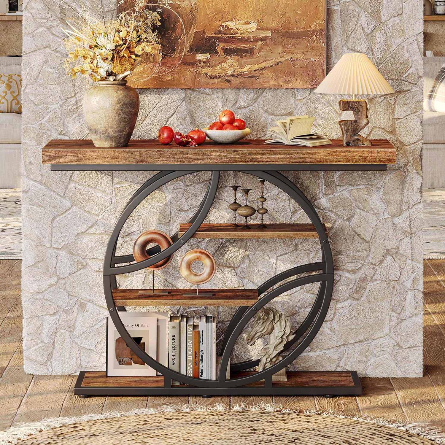 41.3" Curved Metal Console Table, Rustic Brown