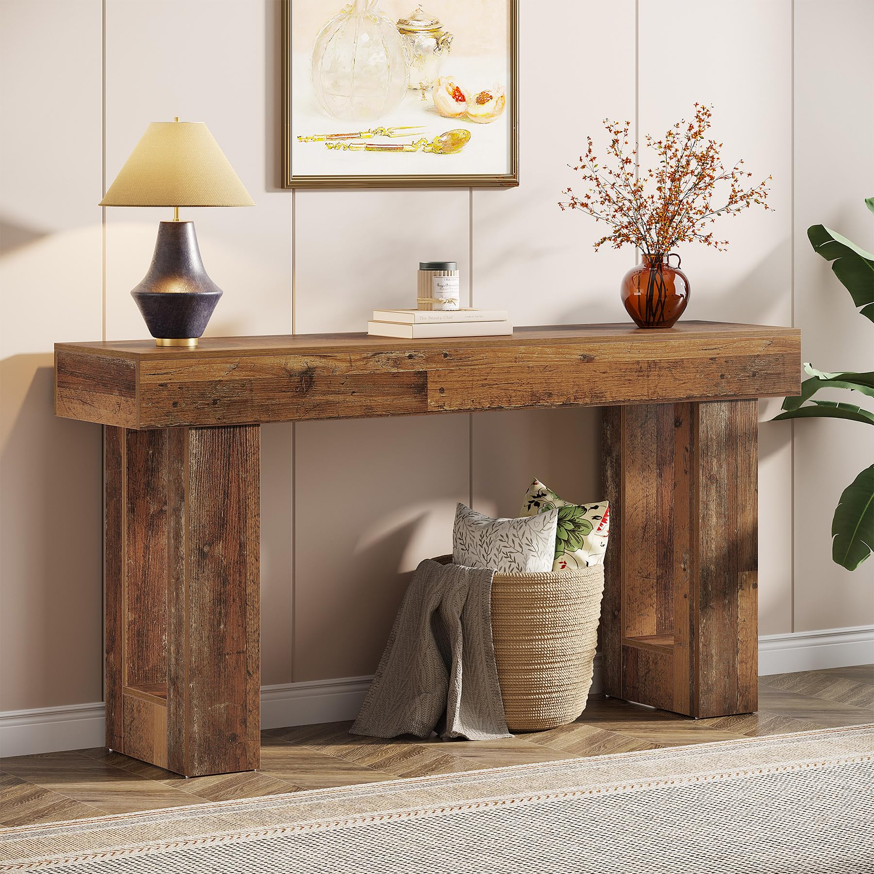 63" Farmhouse Console Table, Natural Wood