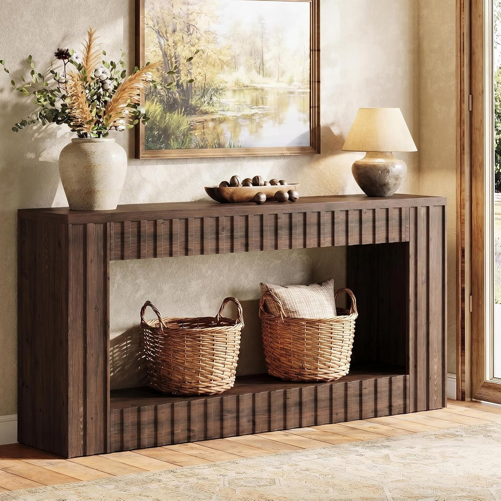 TRIBEWOOD 63 Inches Solid Wood Console Table, Farmhouse Entryway Table with Storage, Couch Table Behind Sofa, Long Wood Hallway Console for Living Room, Entrance, Stairs, Walnut Brown