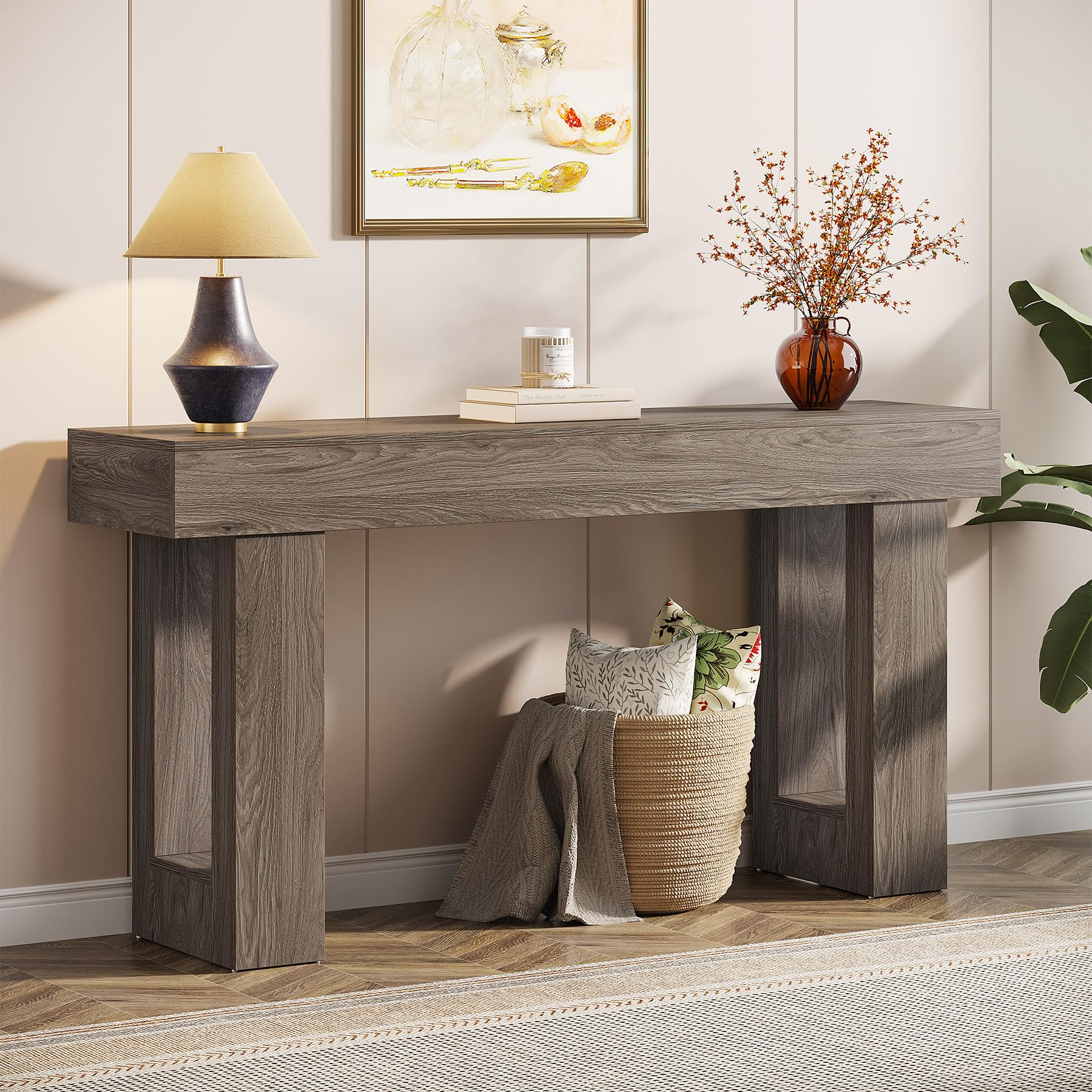 63" Farmhouse Console Table, Natural Wood